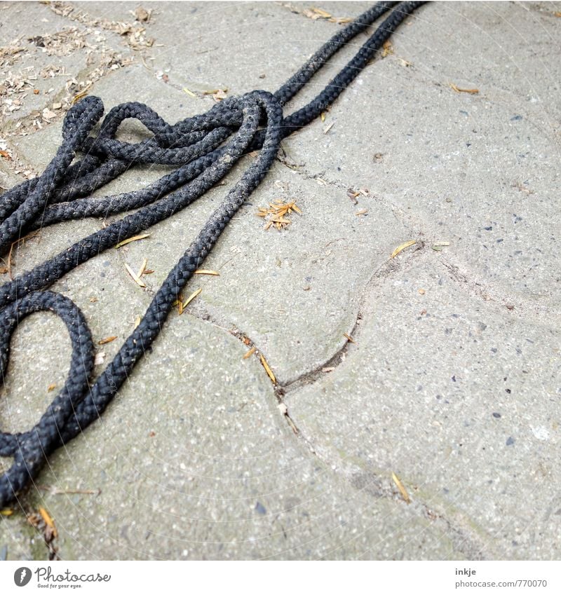 tangled cables Environment Deserted Terrace Cobbled pathway Paving stone Floor covering Ground Rope Knot Old Dirty Long Gray Black Chaos Muddled Loop Trash