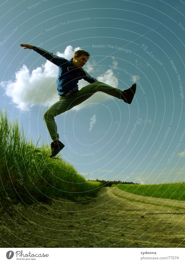 Jump free! #11 Man Jacket Hooded jacket Grass Field Summer Emotions Hop Crazy Playing Posture Scream Youth (Young adults) Human being Facial expression Looking
