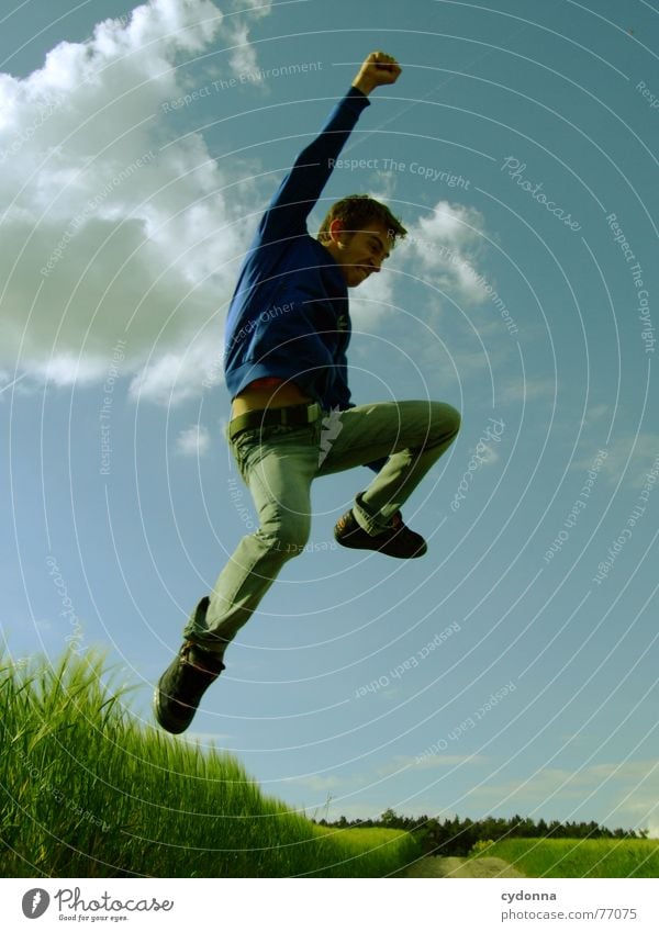 Jump free! #12 Man Jacket Hooded jacket Grass Field Summer Emotions Hop Crazy Playing Posture Scream Youth (Young adults) Human being Facial expression Looking