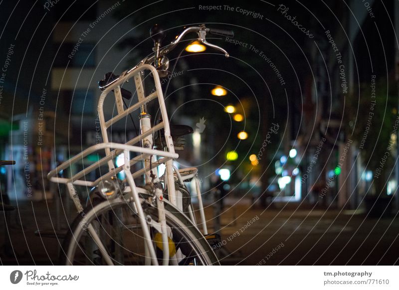 white city load bicycle Bicycle Town Downtown Deserted Means of transport Logistics Multicoloured White Colour photo Exterior shot Close-up Night