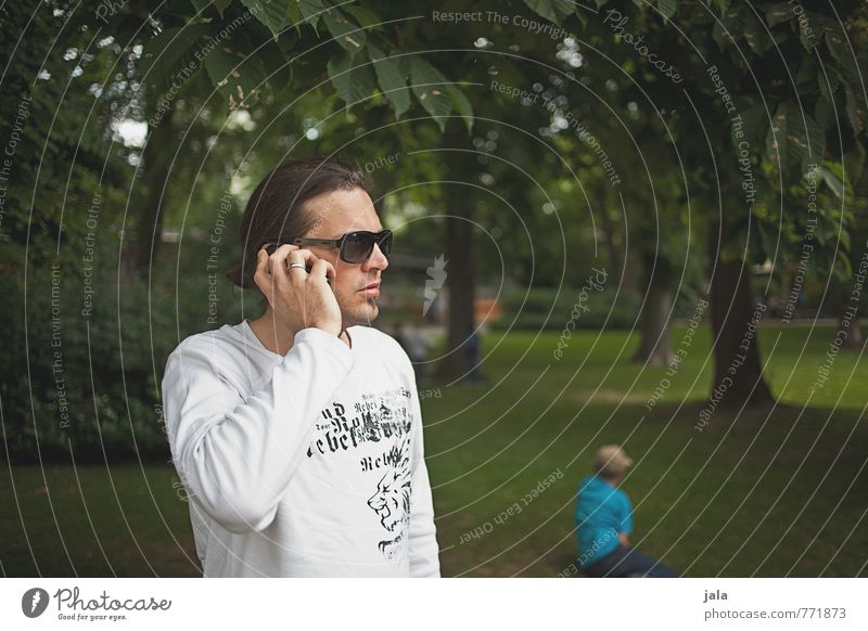 call Cellphone PDA Human being Masculine Boy (child) Man Adults Father 2 30 - 45 years Nature Plant Tree Grass Park Sunglasses Brunette Long-haired Braids Stand