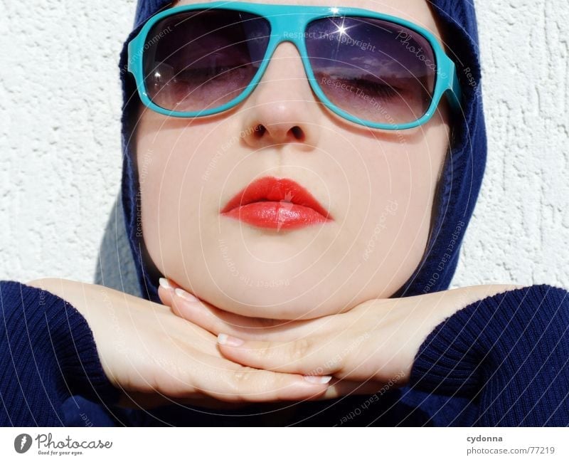 Sunglases everywhere XVII Lips Lipstick Light Style Row Woman Portrait photograph Glittering Cosmetics Sunglasses Gesture Hand Rest on To enjoy Relaxation Dream