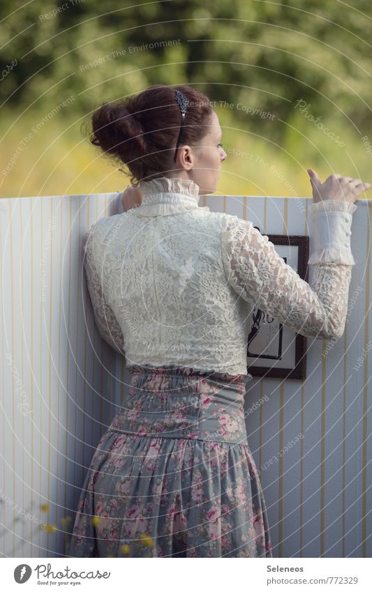peek over the wall of a room Human being Feminine Woman Adults 1 Environment Nature Landscape Wall (barrier) Wall (building) Fashion Skirt Brunette Curiosity