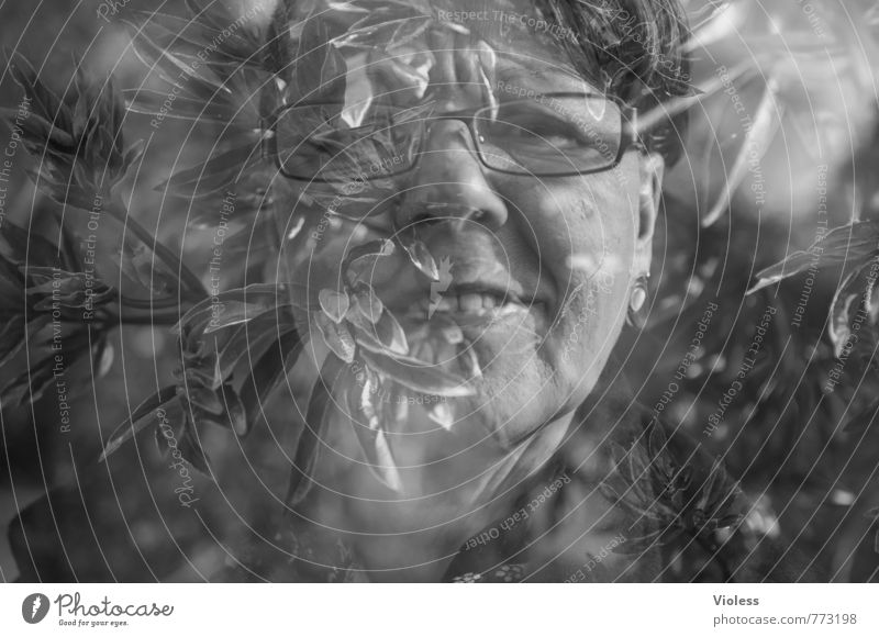 sophisticated botany Feminine Woman Adults Head 45 - 60 years Fantastic Double exposure Eyeglasses Face Facial expression Black & white photo Experimental