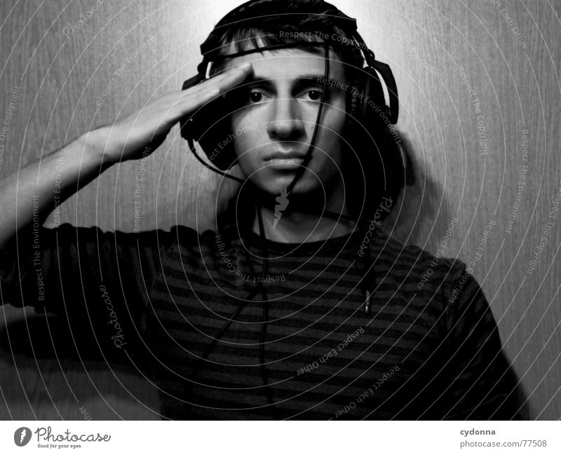 Human Child XV Man Portrait photograph Style Hand Posture Sweater Music Listening Headphones Light Roll call Stand to attention Subordinate Black & white photo