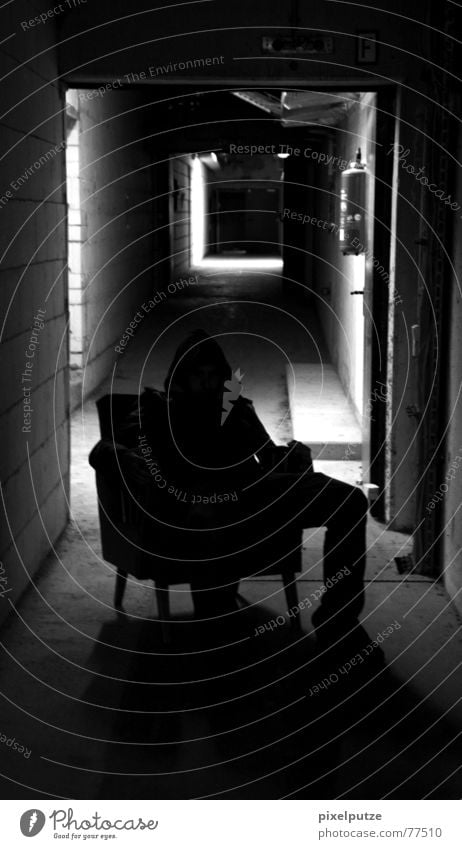 sitting and waiting Dark Black White Creepy Evil Tunnel Light Man Armchair Scare Extinguisher Narrow Broken Decline Moody Fear Panic Anger Aggravation