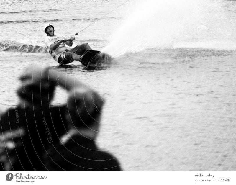 wakeboard Action Wakeboarding Splash of water Elevator Black & white photo Perspective