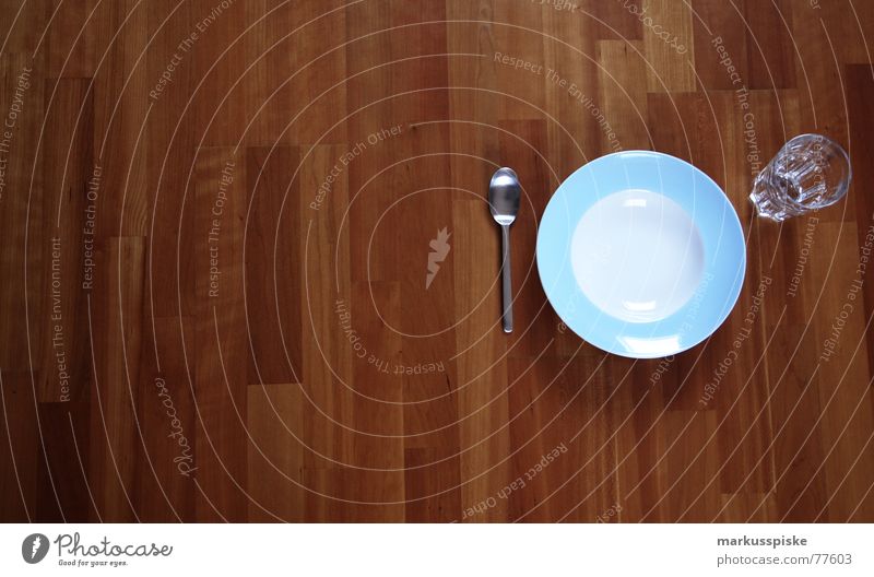 Always eat on the floor or what? Nutrition Parquet floor Wood Plate Spoon Empty Appetite Set meal Clean Light blue Baby blue White Food Glass Wait