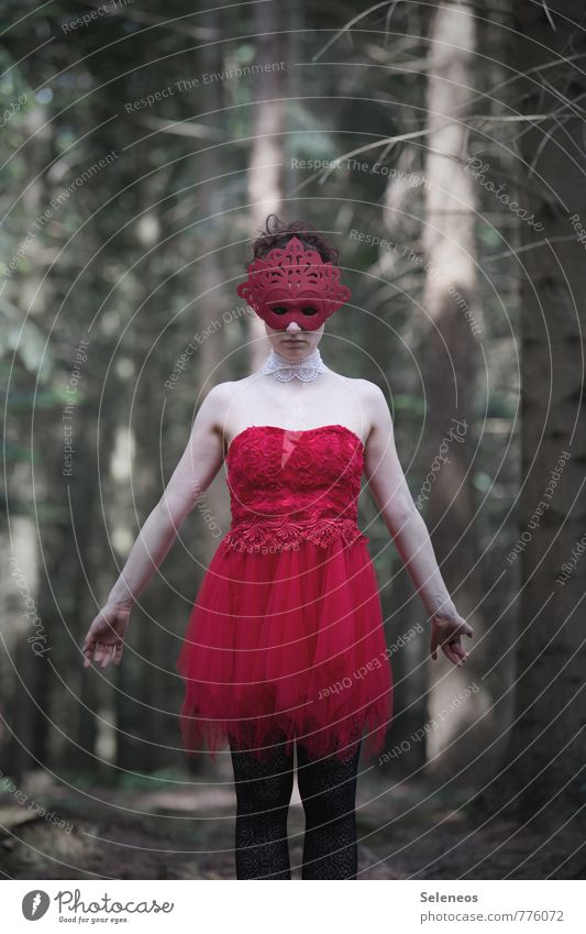 red Carnival Human being Feminine Woman Adults 1 Forest Dress Mask Red Colour photo Exterior shot Upper body Front view