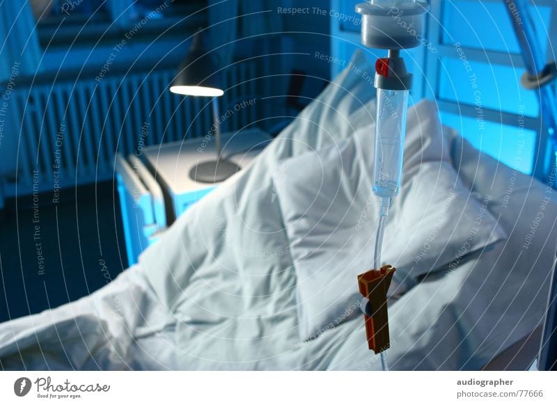 flown out Cold Loneliness Empty White Bed Hospital Illness Drip Health care Medication Grief Room Bright Blue Drops of water infusion Interior shot