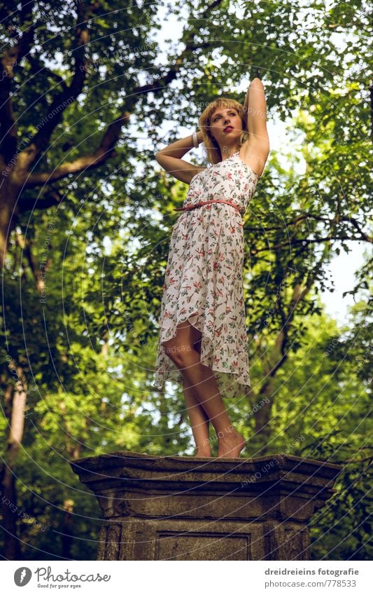 Poses in the park Beautiful Feminine Young woman Youth (Young adults) Sunlight Tree Dress Blonde Movement Looking Stand Dance Happy Natural Thin Self-confident