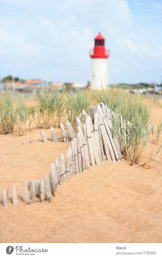 f Vacation & Travel Tourism Summer vacation Beach Ocean Nature Coast Deserted Lighthouse Bright Red Marram grass Beach dune Fence paling fence France