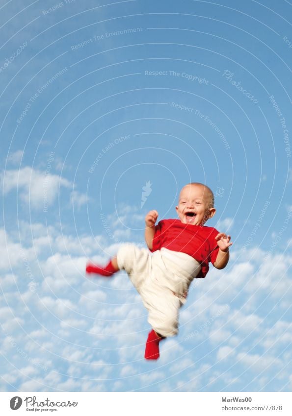 You make me smile Baby Toddler Child Happiness Grinning Red White Jump Air Clouds Light Laughter laugh children Blue Throw Tall Sky