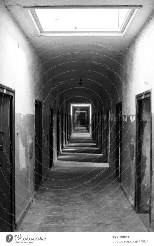 east wing Concentration camp War Mass murder False Black Light Oppressive Captured Germany Historic Derelict Black & white photo Penitentiary Hatred Door Fear