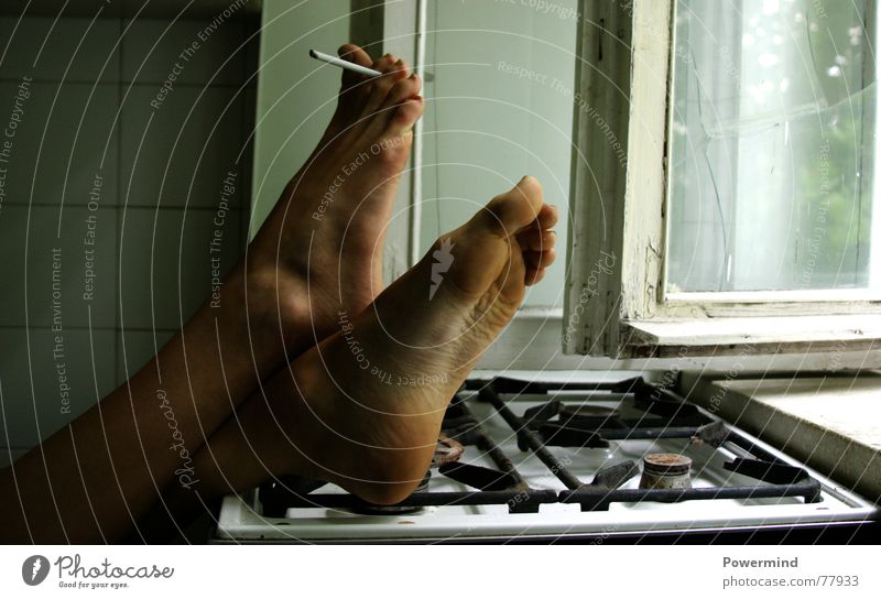PlayWithDemTod Cigarette break Woman Stove & Oven Window Retro Playing Fire hazard Gas stove Explosion hazard lunch break Legs