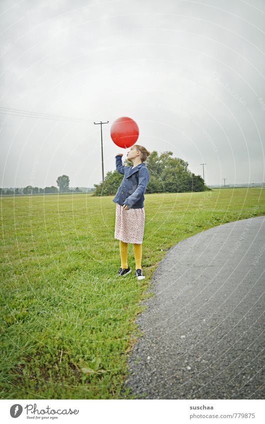 child with red balloon II Child Girl Infancy 8 - 13 years Environment Nature Landscape Sky Spring Summer Grass Balloon Free Retro Lanes & trails Exterior shot