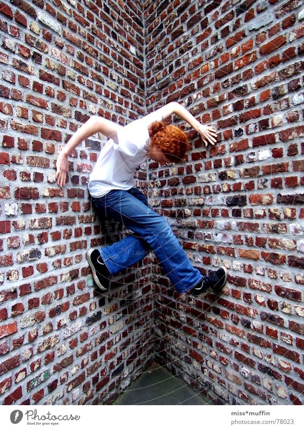 # The climb before your fall # Wall (barrier) Red Hombroich Island Trust Brick Climbing Corner Boy (child) Jeans Joy