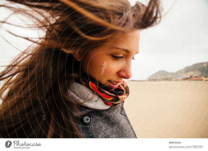 windy II Woman Human being Hair and hairstyles Wind Blown away Scarf Smiling Looking into the camera Beach Winter Autumn Grinning Close-up Portrait photograph