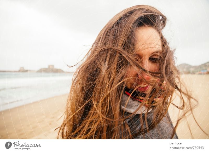 windy III Woman Human being Wind Hair and hairstyles European Caucasian Girl Winter Autumn Coat Beach Sandy beach Ocean Blown away Brunette Italy Water Sardinia