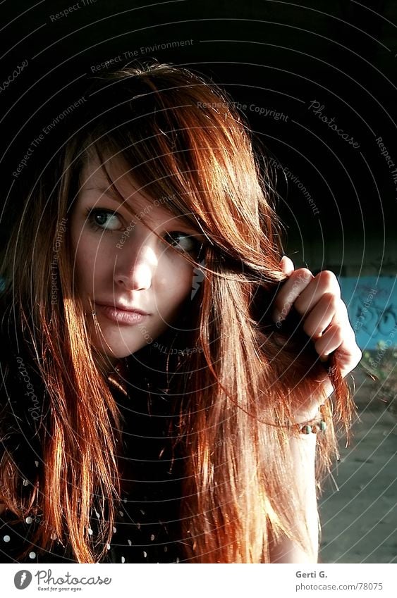 vieW Long-haired Red-haired Henna red Beautiful Woman Young woman Portrait photograph Hand Appearance Annoy Caution Hesitate Perspective Looking look
