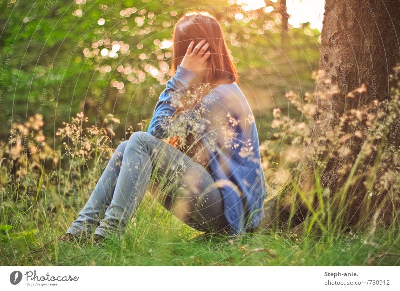Dreamy world Feminine Young woman Youth (Young adults) Woman Adults 1 Human being Environment Nature Sunrise Sunset Summer Tree Grass Meadow Forest Think