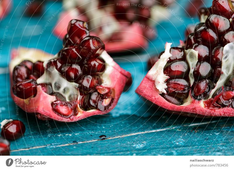pomegranates Food Fruit Dessert Organic produce Vegetarian diet Diet Wood Simple Natural Juicy Sour Beautiful Sweet Blue Pink Red Colour Pomegranate