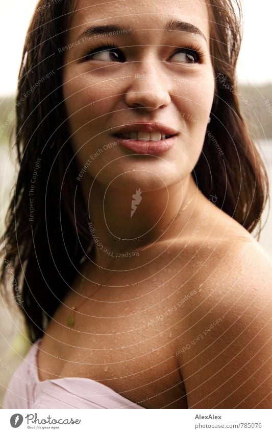 Portrait with Vanessa in the rain Young woman Youth (Young adults) Face Low neckline Shoulder 18 - 30 years Adults Nature Drops of water Summer Rain Dress