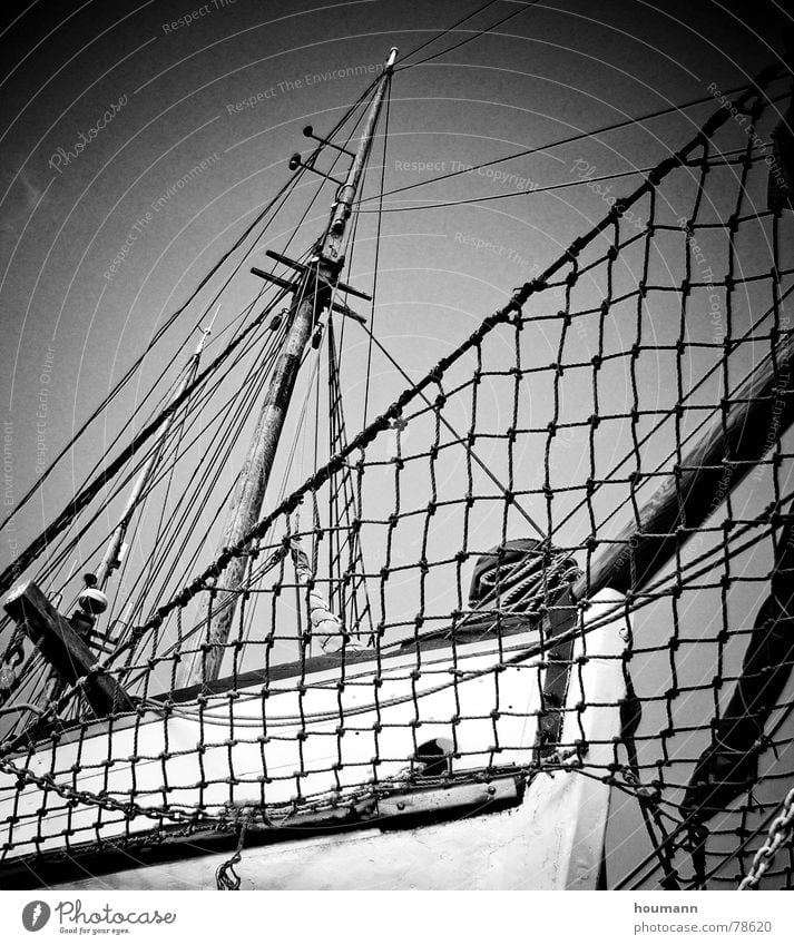 Flying Dutchman? Watercraft Sailboat Upper body Repair Sailing Black & white photo Navigation Freedom Harbour Electricity pylon ship hull wise nice Net