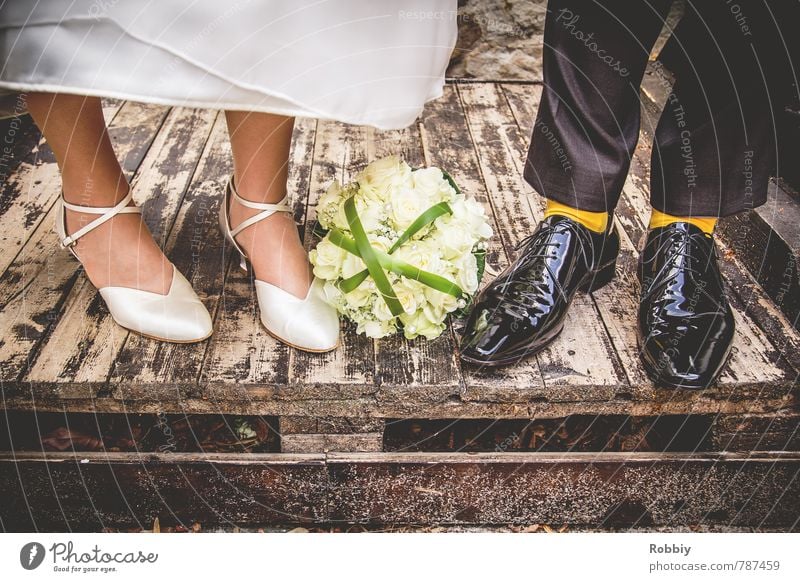 Shoes make people Woman Adults Man Couple Partner Feet Pants Dress Varnish Wedding dress Suit Stockings Footwear Patent shoes High heels Mens shoe Bouquet Wood