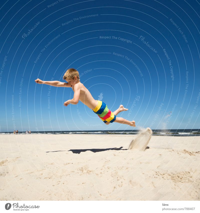 Air jump ... only flying is more beautiful Summer Child Boy (child) Infancy 1 Human being 8 - 13 years Sand Water Sky Cloudless sky Beautiful weather coast