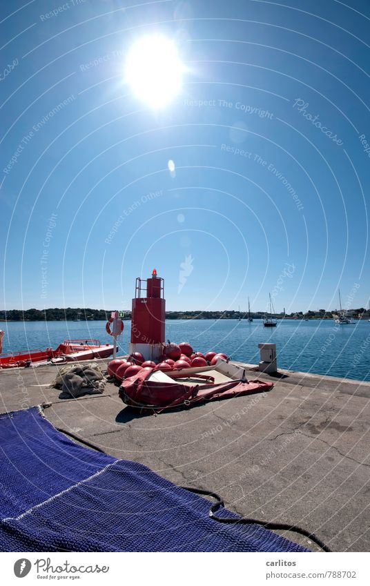 Why are you photographing that? Sky Cloudless sky Summer Warmth Esthetic Mediterranean sea Harbour postage paid Majorca Blue Red Fire department Dinghy Lifebuoy