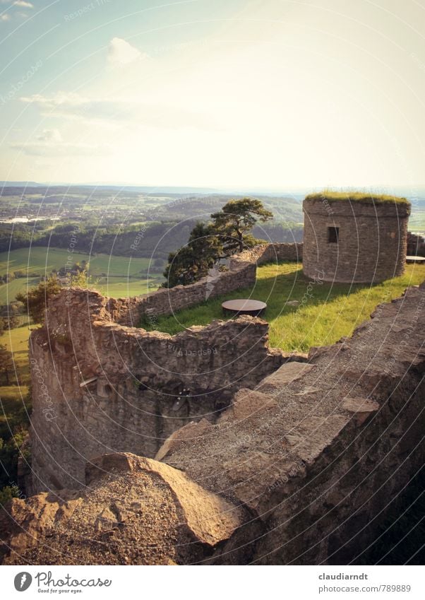 castle walls Landscape Horizon Summer Beautiful weather Tree Grass Meadow Field Hill Castle Ruin Manmade structures Building Wall (barrier) Wall (building) Old