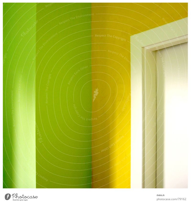 Fresh cuisine Living or residing Flat (apartment) Interior design Kitchen Door Painting (action, work) Modern Yellow Green Colour Corner Doorframe Fruity Clean