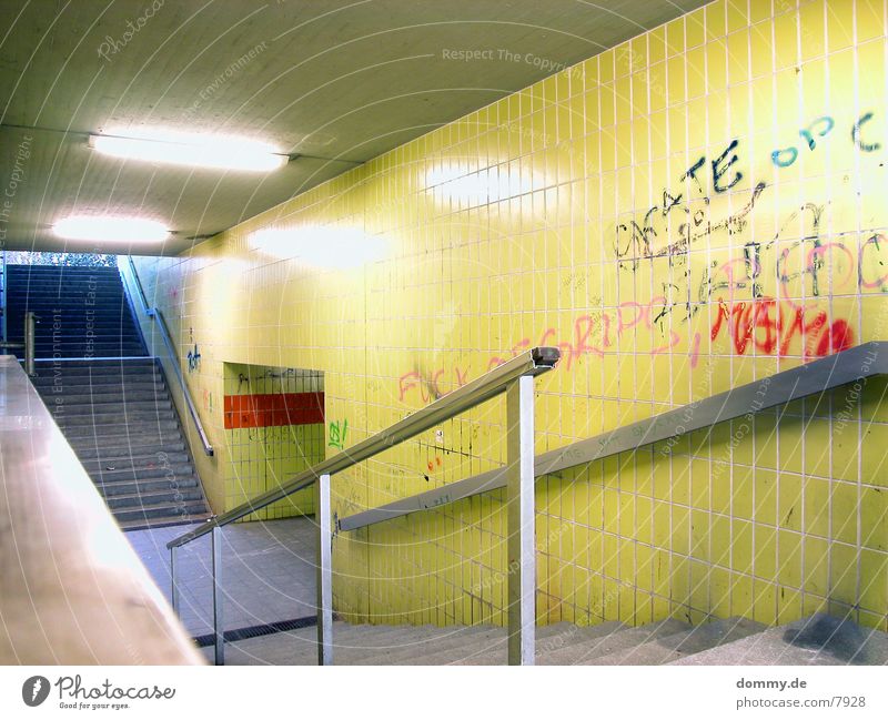 underground Subsoil Yellow Neon light Light Long exposure Underpass Stairs Handrail kaz