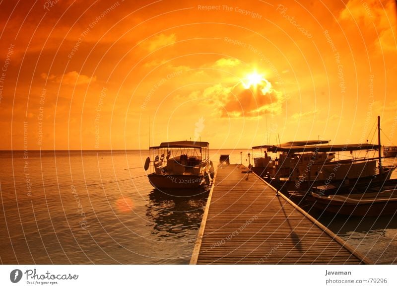 sunset v² Ocean Sunset Watercraft Vantage point Light Physics Hot Footbridge Beach Coast Island Warmth