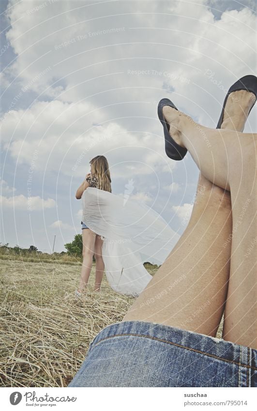 rolled over Human being Feminine Child Girl Life Body Skin Legs Feet 2 Environment Nature Sky Clouds Horizon Summer Beautiful weather Field Plastic packaging