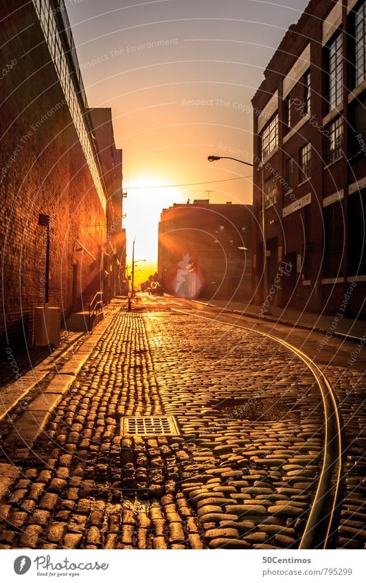 Good Morning New York New York City Brooklyn House (Residential Structure) Street Paving stone Alley Rail transport Commuter trains Tram Gold Freedom Life Dawn