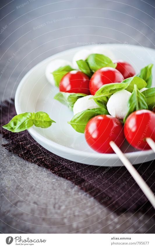 green-white-red Caprese Lettuce Mozzarella Tomato Basil Dish Eating Food photograph Healthy Eating Antipasti Appetizer Italian Food Italy Herbs and spices Green