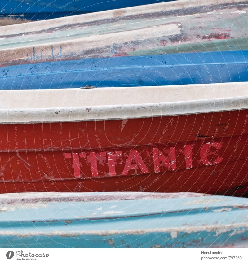 blue-white red Navigation Boating trip Fishing boat Blue Red White titanic Go under Disaster Name plate Watercraft Old Rescue Scratch mark Flaked off Scratched