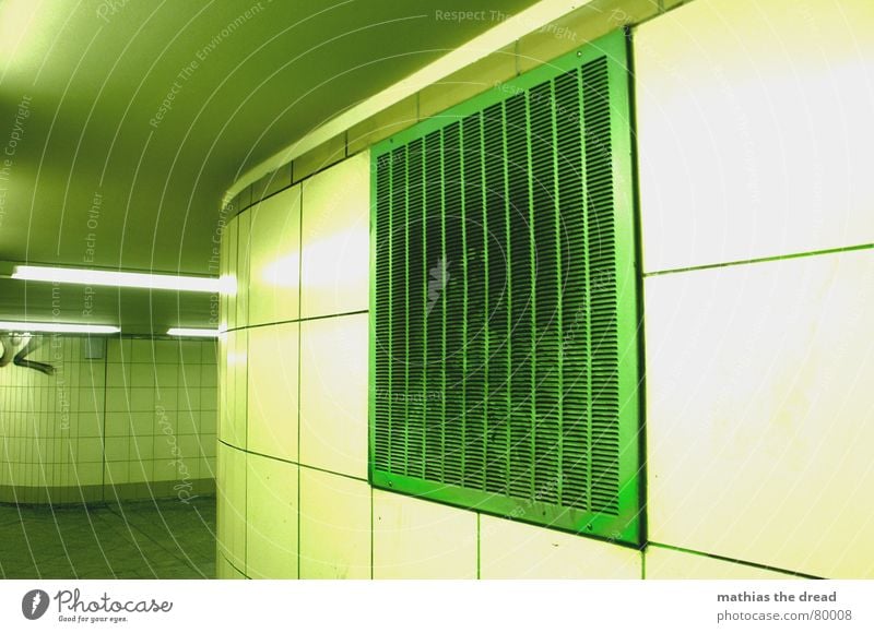 emergency exit Slit Room Ventilation shaft Wall (building) Green Grating Covers (Construction) Lamp Tunnel Detail Corridor neon-luminous glowing inward Blanket