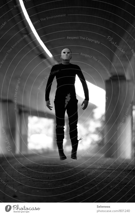 to take off Carnival Hallowe'en Human being Masculine Man Adults 1 Highway Overpass Bridge Mask Flying Jump Creepy Extraterrestrial being Black & white photo