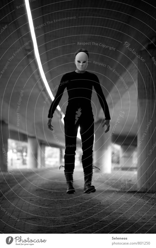 levitate Hallowe'en Human being Masculine Man Adults 1 Bridge Tunnel Overpass Mask Rubber boots Flying Creepy Fear Hover Black & white photo Exterior shot