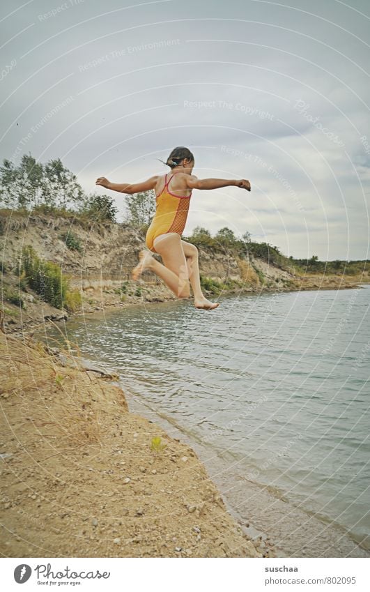 jump into the lake Child Girl Infancy Body Skin Head Arm Legs Feet 1 Human being 8 - 13 years Environment Nature Landscape Sand Water Sky Clouds Summer Coast