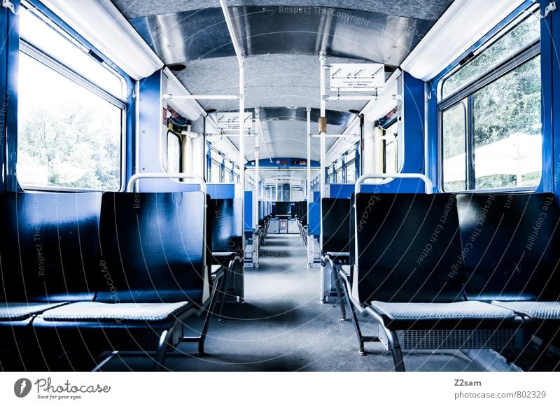 free choice of seats Means of transport Train travel Rail transport Mono rail Tram Sharp-edged Simple Cold Modern Clean Town Blue Esthetic Design Arrangement