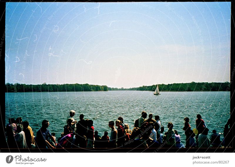 Lake celebration with many people Feasts & Celebrations Group Cloudless sky Beautiful weather Lakeside Brandenburg Sailboat Going Far-off places Together