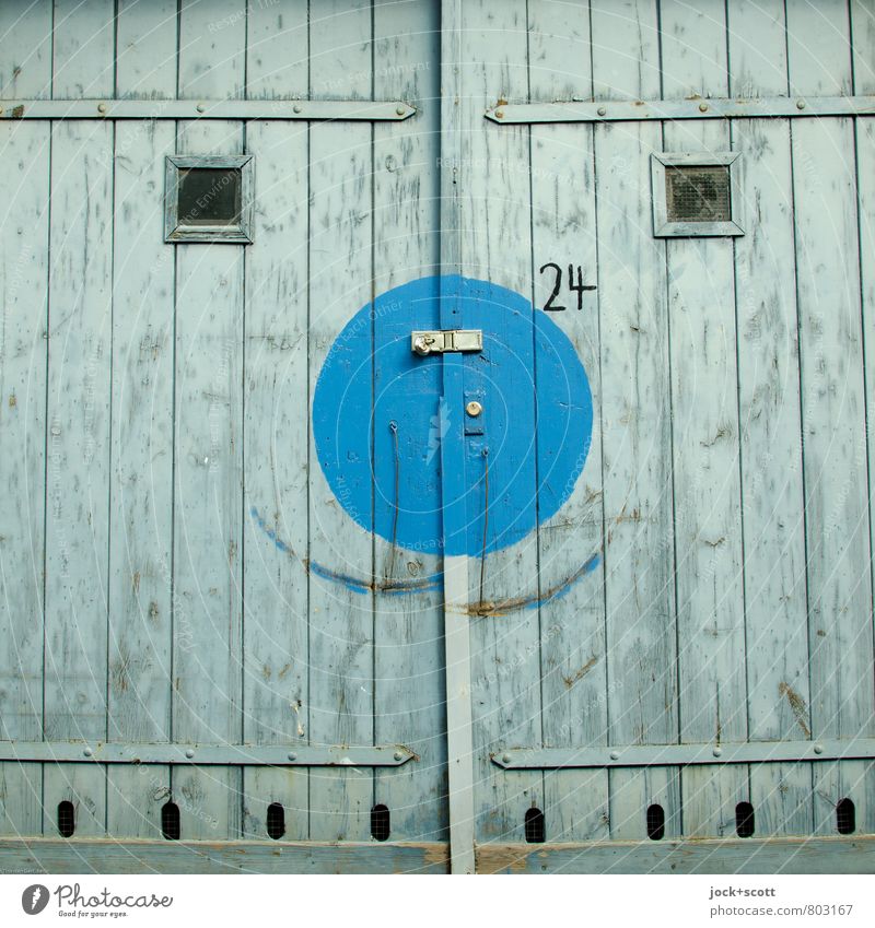 Happy squared Street art Sixties Garage door Lock Wood Digits and numbers Circle Smiling Happiness Positive Blue Claw mark Illusion Smiley Comic Closed Fantasy