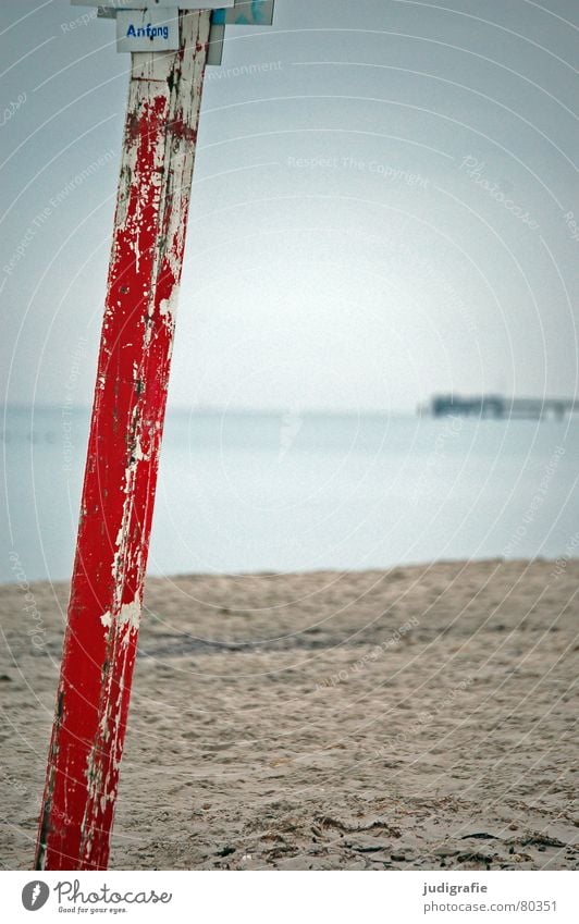 start Beach Column Wood Red Flake off Coast Ocean Salty Winter Prerow Fischland-Darss-Zingst Sea bridge dog beach Beginning Signs and labeling Electricity pylon