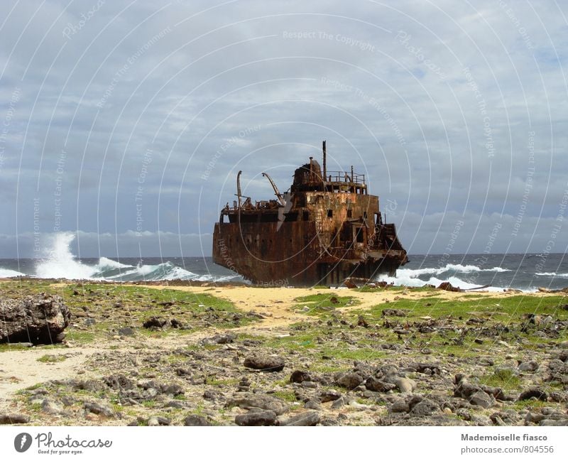 Stranded, rusted shipwreck Island Wreck Rust Waves Water Wind coast Threat Gigantic Creepy Broken Adventure Stagnating Environmental pollution Decline