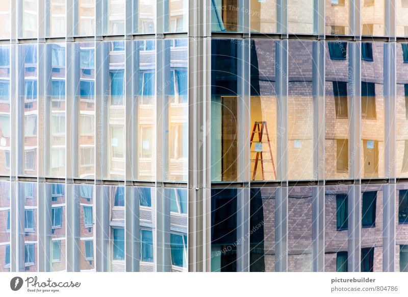 change of scenery Town Downtown Deserted High-rise Facade Ladder Work and employment Blue Yellow Beginning Colour photo Exterior shot Copy Space left