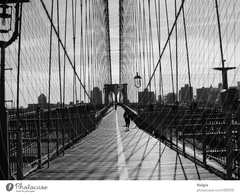 Brooklyn Bridge Lantern Pedestrian New York City Tunnel Architecture Wire cable Street Sky Lanes & trails Perspective
